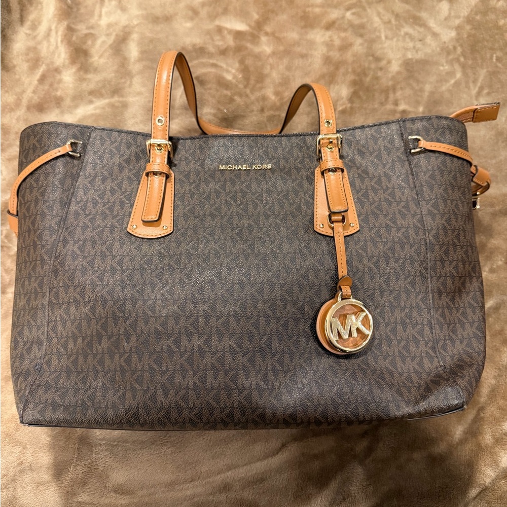 Michael Kors Brown MK Logo Tote with Tan Leather Trim